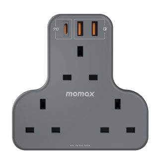 MOMAX 3-OUTLET T-SHAPED EXTENSION SOCKET WITH USB-(US6UKE) – BLACK