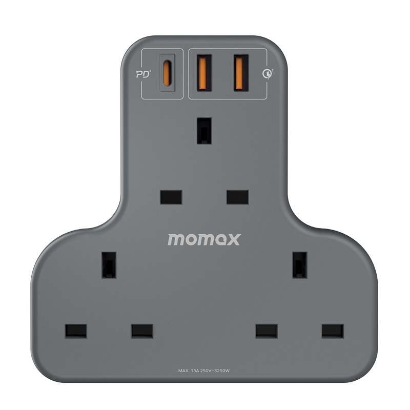 MOMAX 3-OUTLET T-SHAPED EXTENSION SOCKET WITH USB-(US6UKE) – BLACK