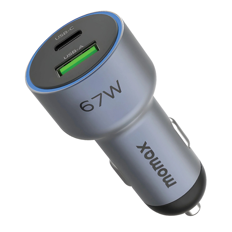 MOMAX MoVe Dual-Port Car Charger – 67W – USB-C + USB-A – UC16E – Space Grey