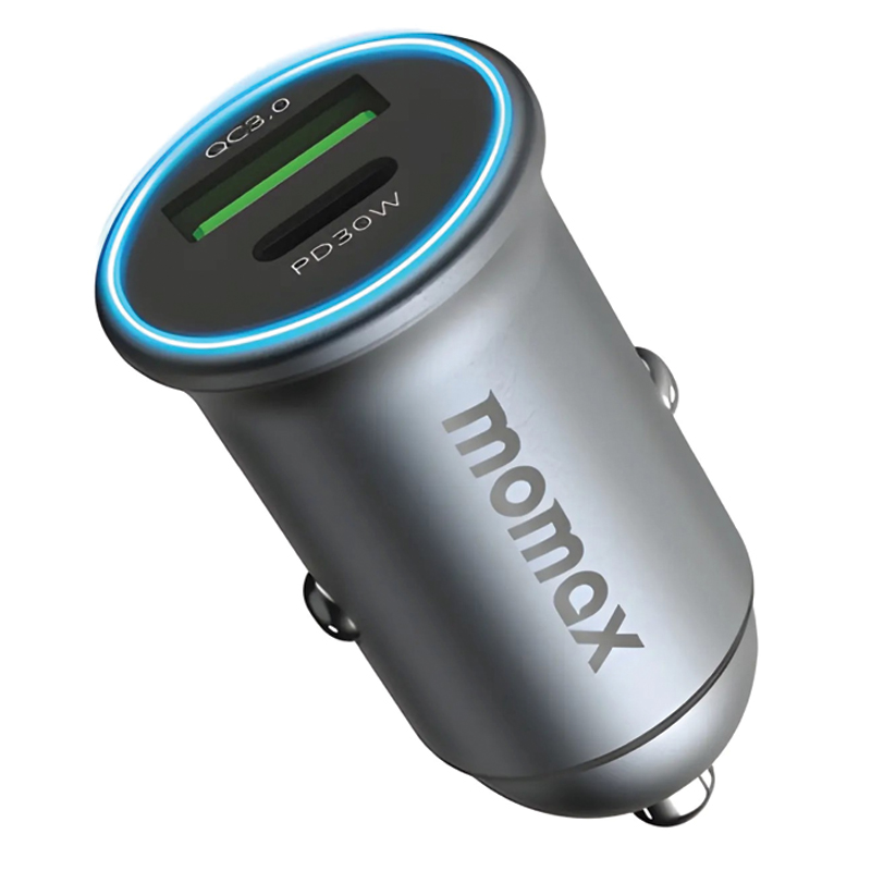 MOMAX MoVe Dual-Port Car Charger – 30W – USB-C + USB-A – UC18E – Grey