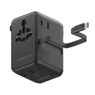 MOMAX 1-World2+ 70W 3-Port Dual AC Travel Adaptor with Built-in retractable Cable – Black
