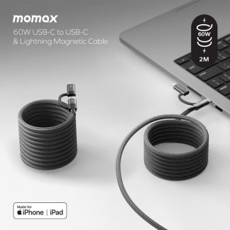 MOMAX Mag.Link Duo Magnetic USB-C to C & Lightning Cable 2M – Black