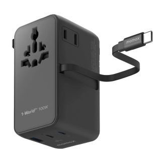 MOMAX 1-World2+ 100W 4-Port Dual AC Travel Adaptor with Built-in retractable Cable – Black
