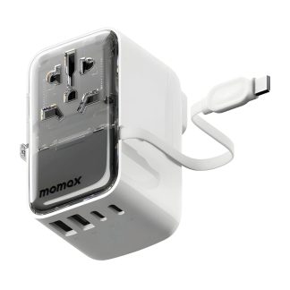 MOMAX 1-World+ Flow 4-Port 35W Travel Charger – Built-in USB-C Cable – UA21W – White