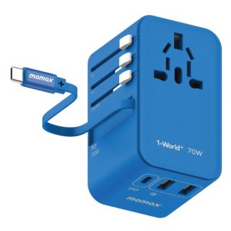 MOMAX 1-World+ 70W GaN 3-Port Travel Charger with Built-in USB-C Cable – Blue