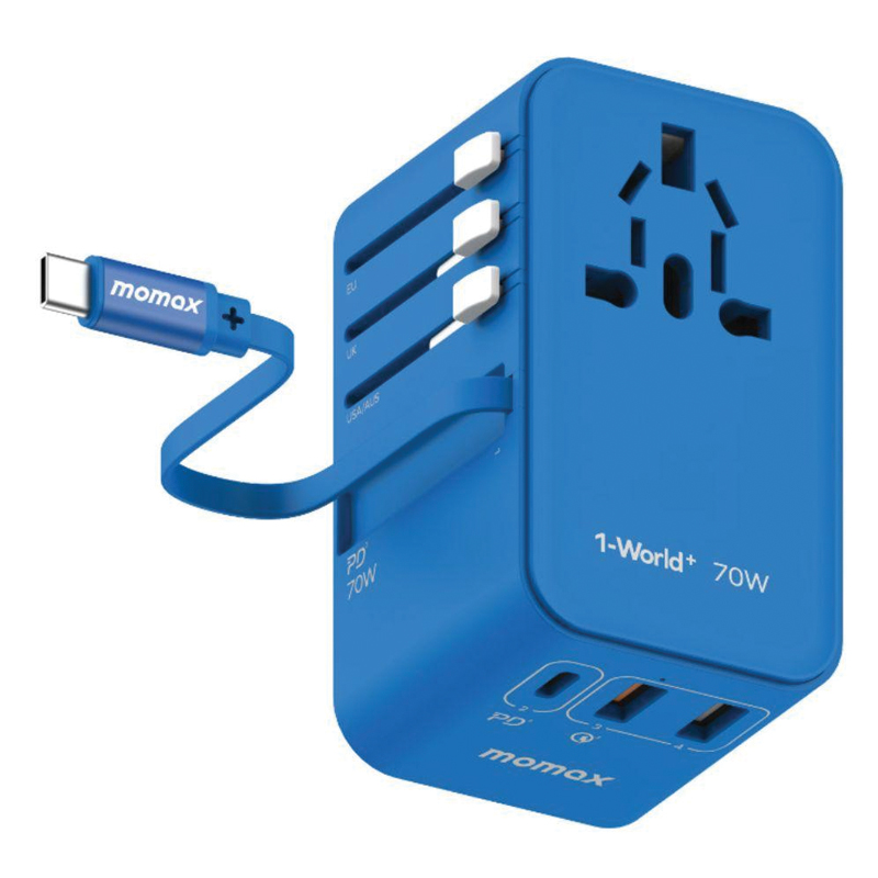 MOMAX 1-World+ 70W GaN 3-Port Travel Charger with Built-in USB-C Cable – Blue