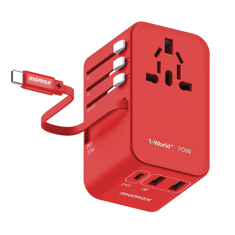 MOMAX 1-World+ 70W GaN 3-Port Travel Charger with Built-in USB-C Cable – Pink