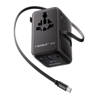 MOMAX 1-World+ 70W GaN 3-Port Travel Charger with Built-in USB-C Cable – Black