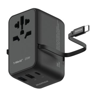 MOMAX 1-World+ 3-Port 25W Travel Charger – Built-in Retractable USB-C Cable – UA20D – Black