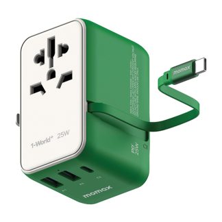 MOMAX 1-World+ 3-Port 25W Travel Charger – Built-in Retractable USB-C Cable – UA20G – Green