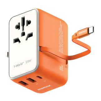 MOMAX 1-World+ 3-Port 25W Travel Charger – Built-in Retractable USB-C Cable – UA20M – Orange