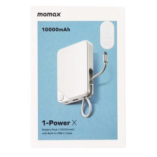 MOMAX 1-Power X 10000mAh Power Bank | Built-in USB-C Cable | 20W PD | QC 3.0 | USB-C + USB-A | White