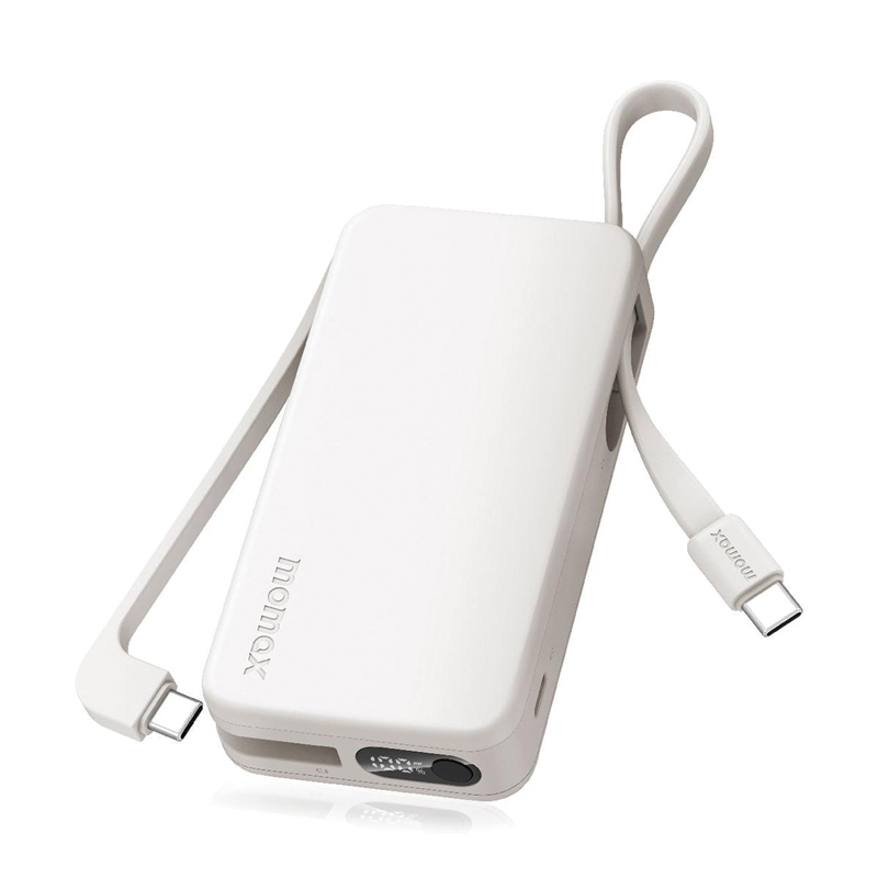 MOMAX 1-Power Vital+ 10000mAh Power Bank | Dual Built-in USB-C Cables | 30W PD Fast Charging | Digital Display | White