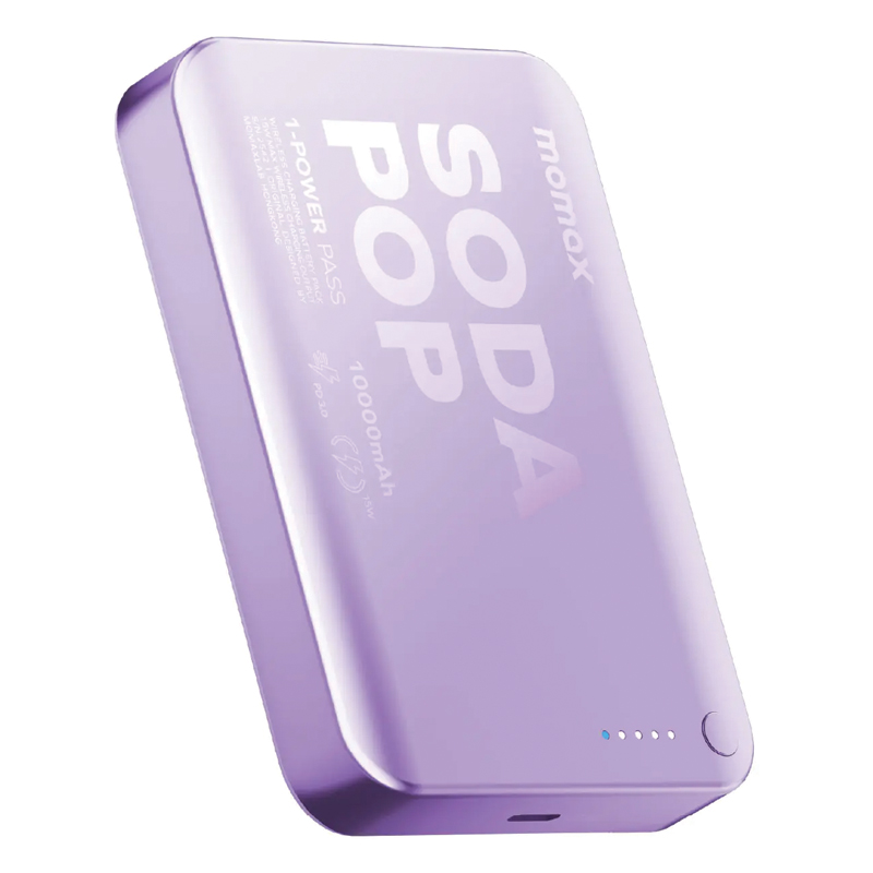 MOMAX 1-Power Pass 10000mAh Magnetic Wireless Power Bank – 15W Wireless – 20W USB-C PD – IP166U – Purple