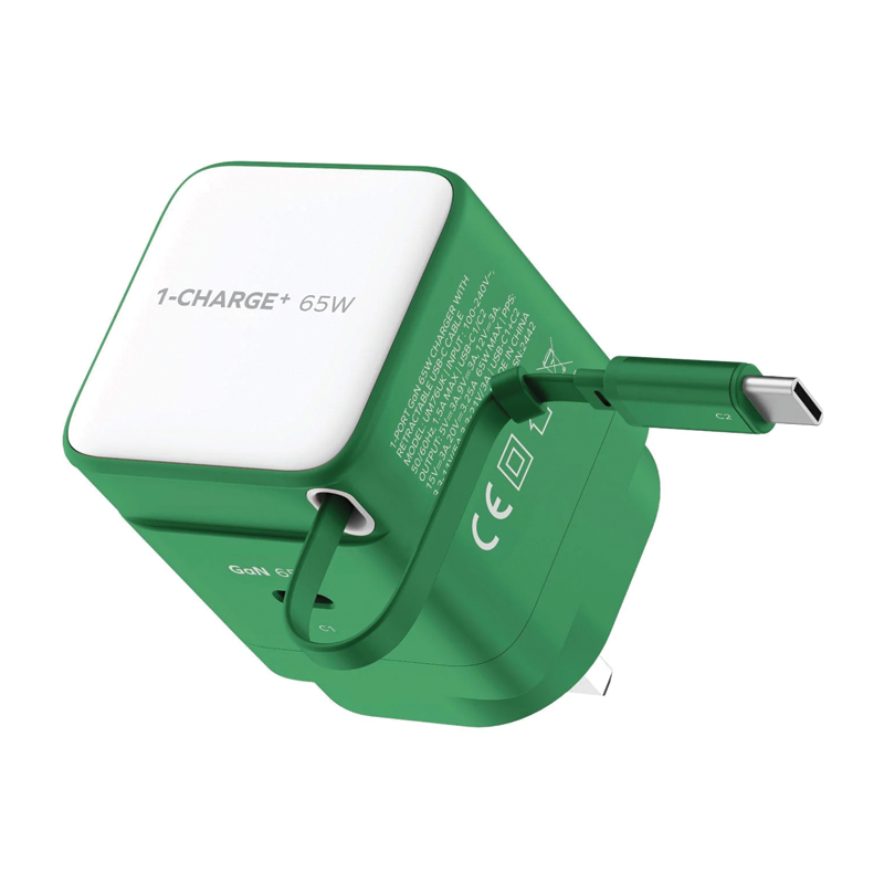 MOMAX 1-Charge+ 65W GaN Charger – Built-in Retractable USB-C Cable – UM76UKG – Green