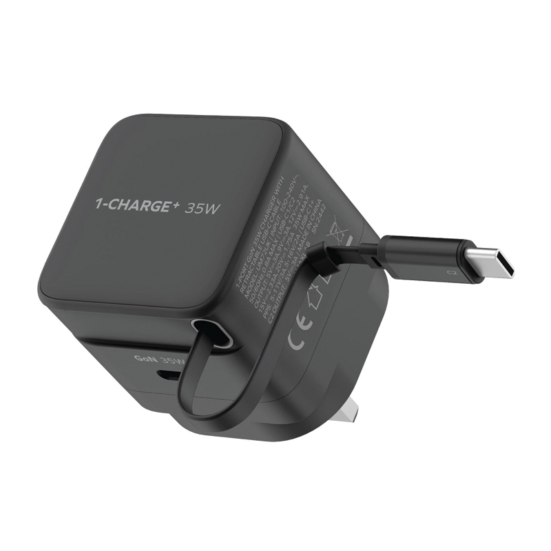 MOMAX 1-Charge+ 35W GaN Charger – Built-in Retractable USB-C Cable – UM72UKD – Black