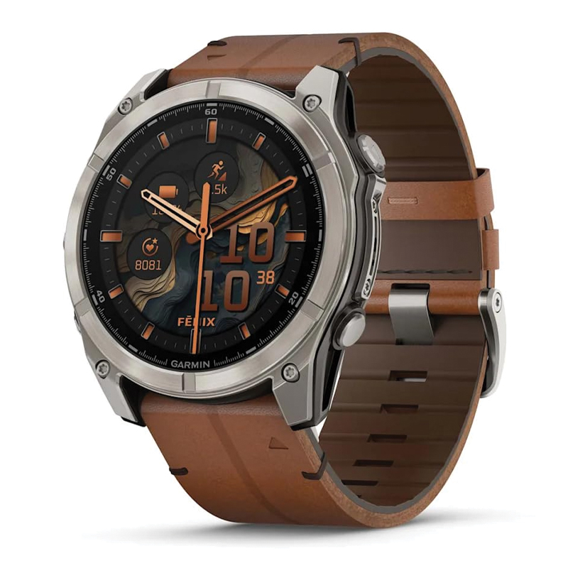 Garmin Fenix 8 Multisport GPS Smartwatch | 51mm | AMOLED | Sapphire | Bare Titanium | Black/Chestnut Leather Band | EMEA | 010-02905-40