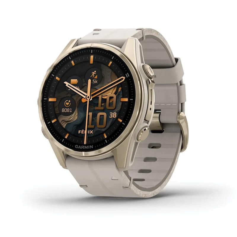 Garmin Fenix 8 Multisport GPS Smartwatch | 43mm | AMOLED Sapphire | Soft Gold Bezel | Fog Gray/Dark Sandstone Silicone Band | EMEA | 010-02903-11