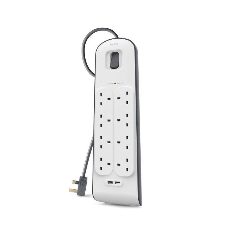 Belkin Surge Plus USB Surge Protector | 8 AC Outlets | 2 USB Ports | 12W / 2.4A | 2m Cable | 900 Joules | White