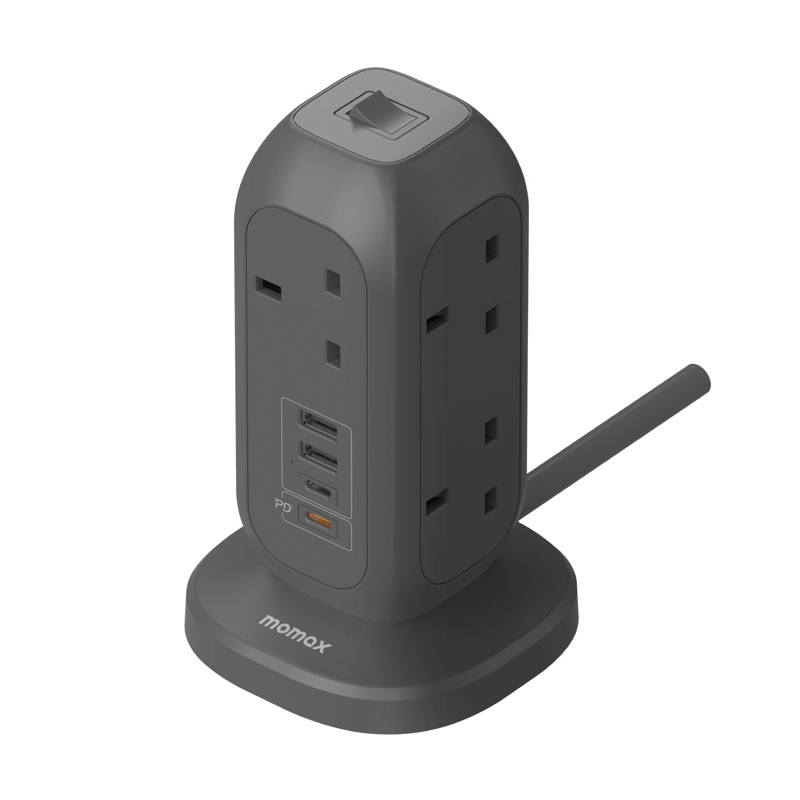 MOMAX OnePlug 7-Outlet Power Strip with USB – Grey