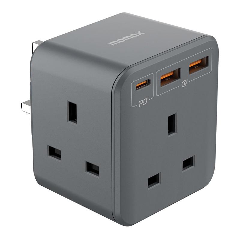 MOMAX OnePlug 3-Outlet Cube Extension Socket – 20W PD – 2×USB-A + USB-C – US8UKE – Grey