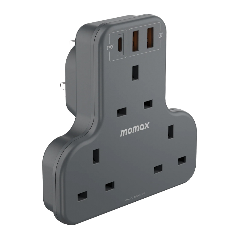 MOMAX 3-OUTLET T-SHAPED EXTENSION SOCKET WITH USB-(US6UKE) – BLACK - Image 2