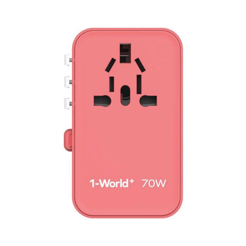 MOMAX 1-World+ 70W GaN 3-Port Travel Charger with Built-in USB-C Cable – Pink - Image 2