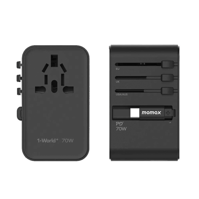 MOMAX 1-World+ 70W GaN 3-Port Travel Charger with Built-in USB-C Cable – Black - Image 2