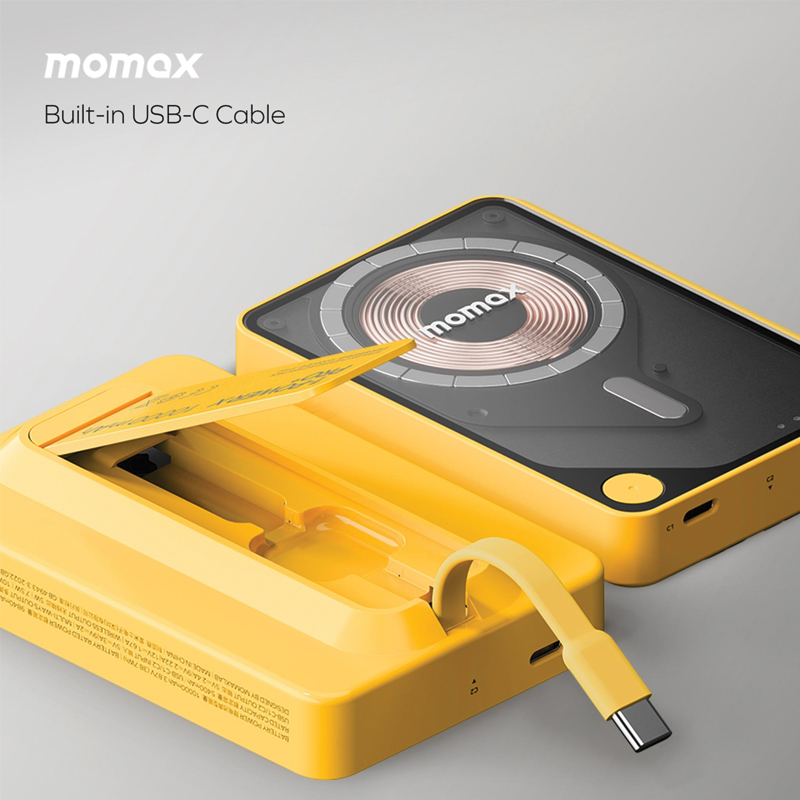 MOMAX 1-Power X Pro+ 10000mAh Magnetic Wireless Power Bank | Foldable Stand | Built-in USB-C Cable | 20W PD | Yellow - Image 2