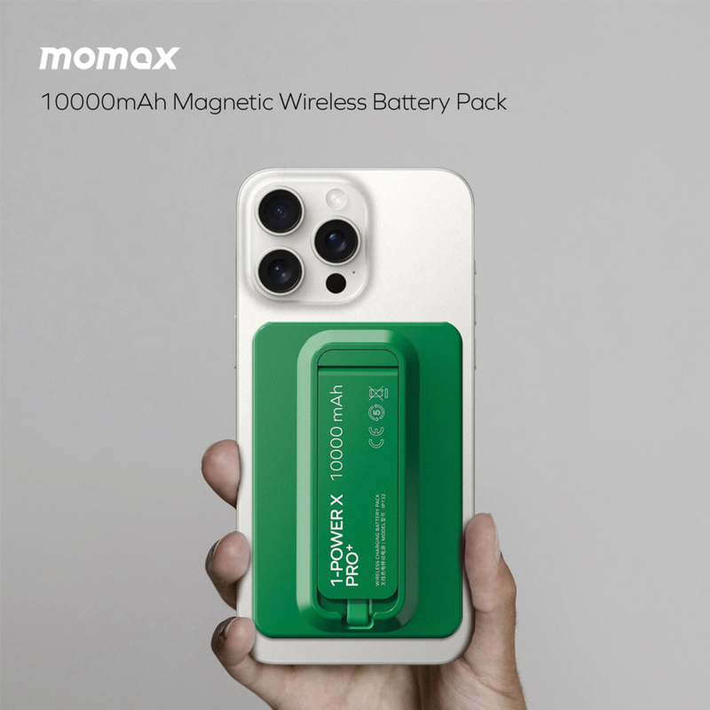 MOMAX 1-Power X Pro+ 10000mAh Magnetic Wireless Power Bank | Foldable Stand | Built-in USB-C Cable | 20W PD | Green - Image 2