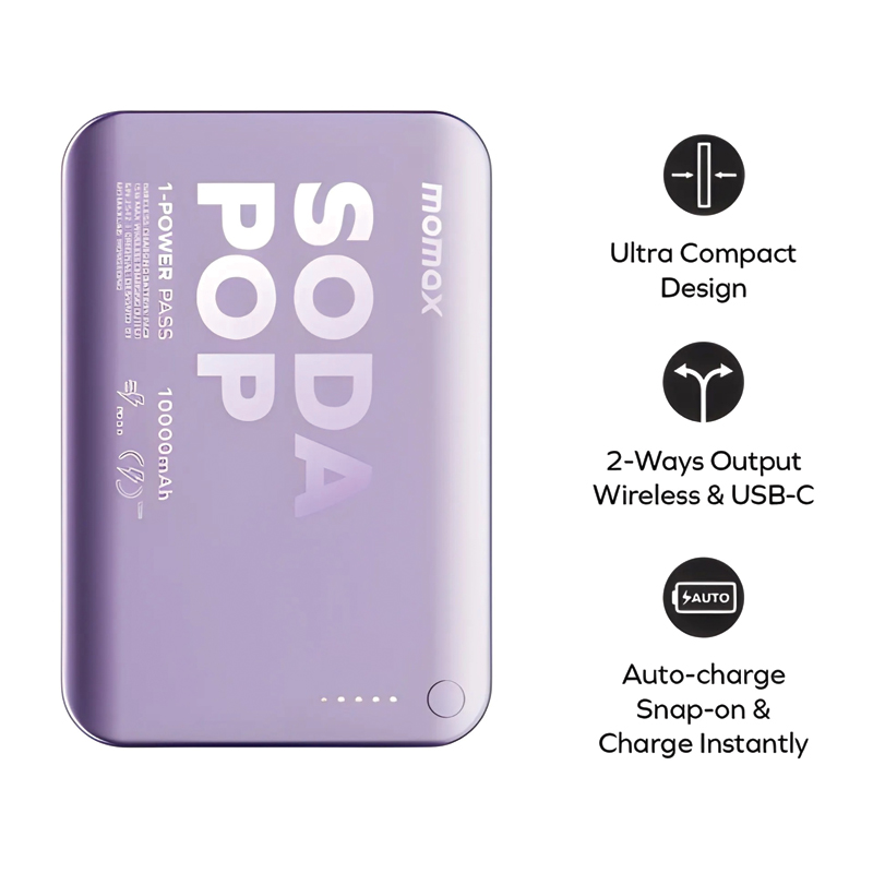 MOMAX 1-Power Pass 10000mAh Magnetic Wireless Power Bank – 15W Wireless – 20W USB-C PD – IP166U – Purple - Image 2