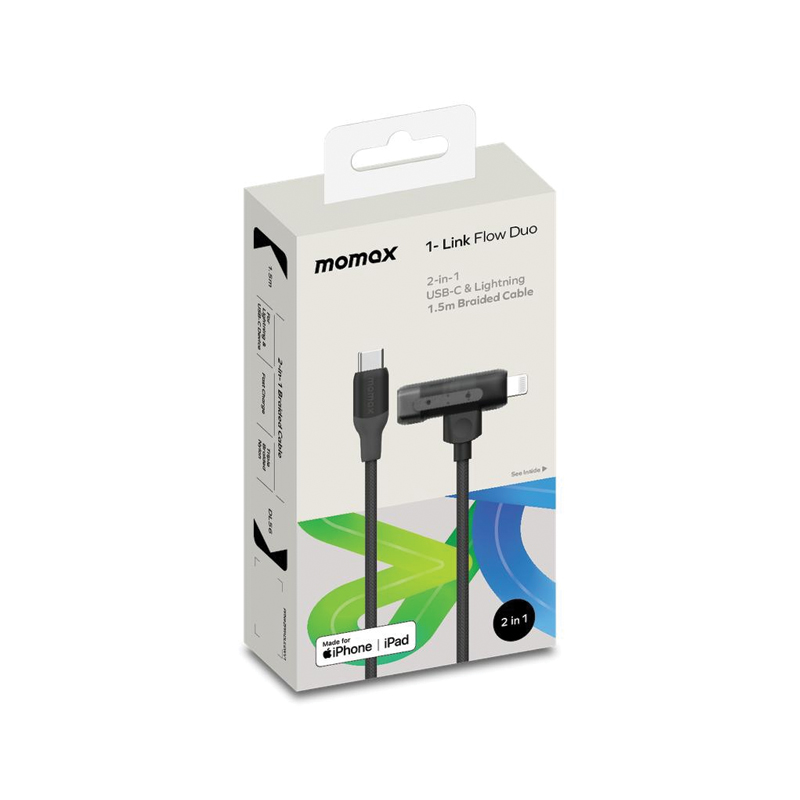 MOMAX 1-Link Flow Duo 2-in-1 USB-C to USB-C + Lightning Braided Cable | 60W | 1.5m | Black - Image 2