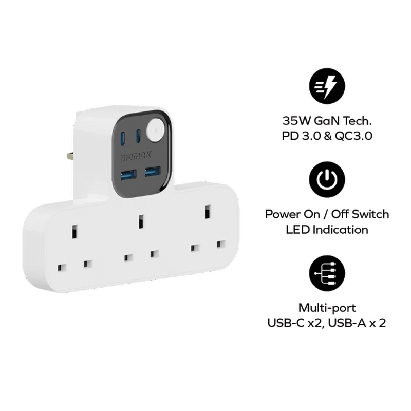 Momax 1-Charge Work Flow T-shaped Extension 3 Outlet with USB | Power switch | USB-A x2 port | USB-C x2 port | 35W - Image 2