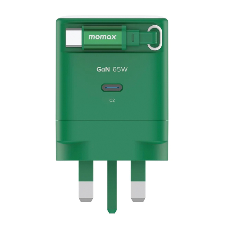 MOMAX 1-Charge+ 65W GaN Charger – Built-in Retractable USB-C Cable – UM76UKG – Green - Image 2