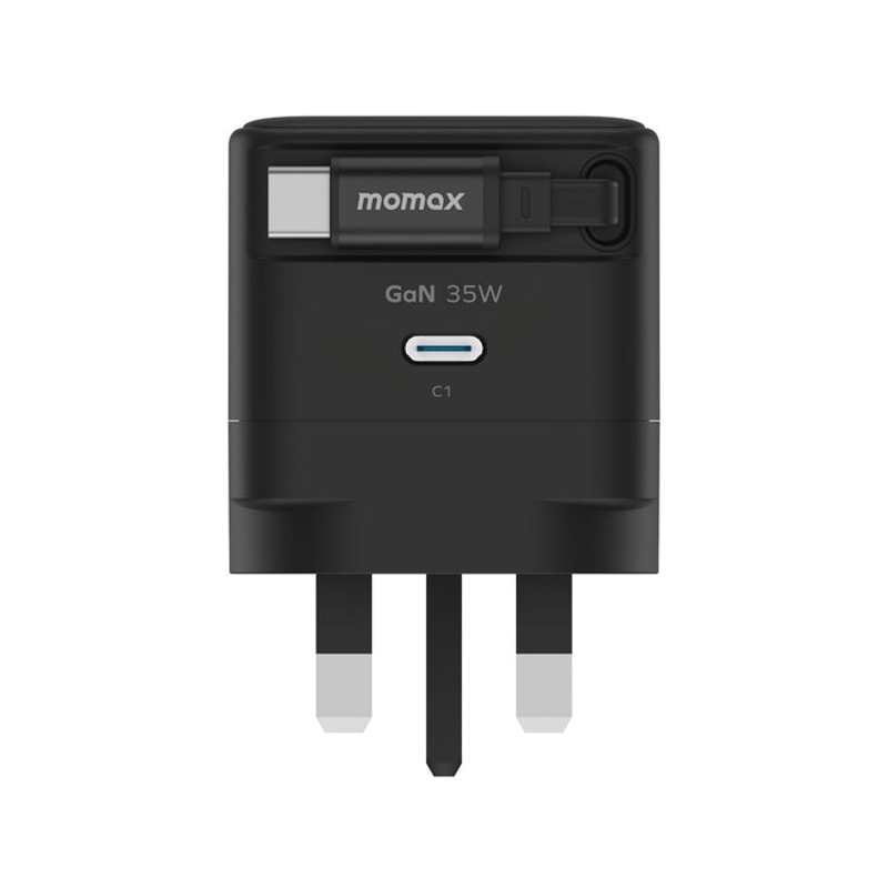 MOMAX 1-Charge+ 35W GaN Charger – Built-in Retractable USB-C Cable – UM72UKD – Black - Image 2