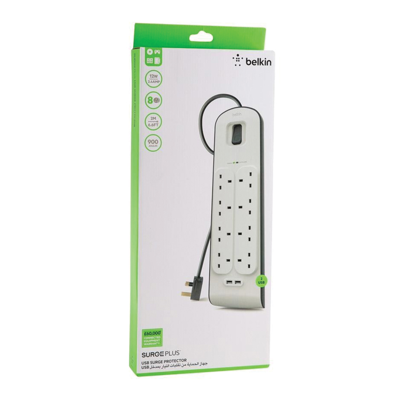 Belkin Surge Plus USB Surge Protector | 8 AC Outlets | 2 USB Ports | 12W / 2.4A | 2m Cable | 900 Joules | White - Image 2