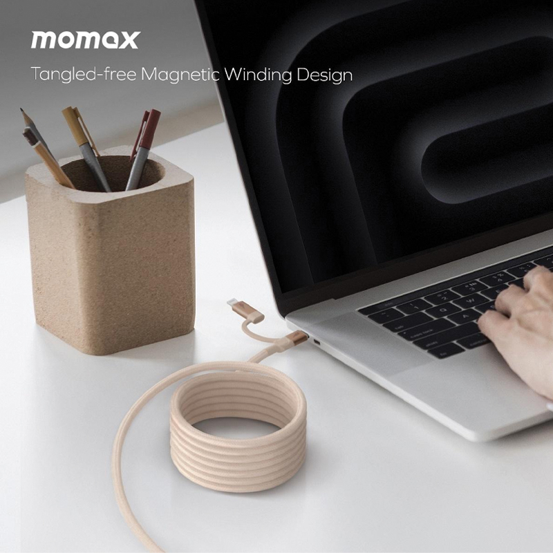 MOMAX Mag.Link Duo Magnetic USB-C to C & Lightning Cable 2M – Desert Titanium - Image 3