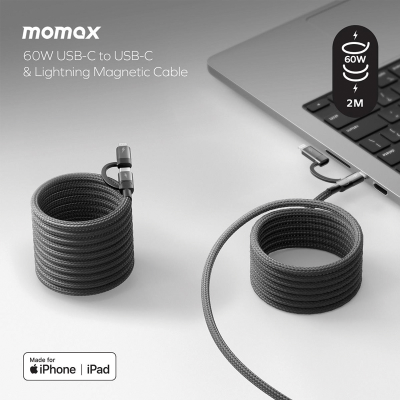 MOMAX Mag.Link Duo Magnetic USB-C to C & Lightning Cable 2M – Black - Image 3