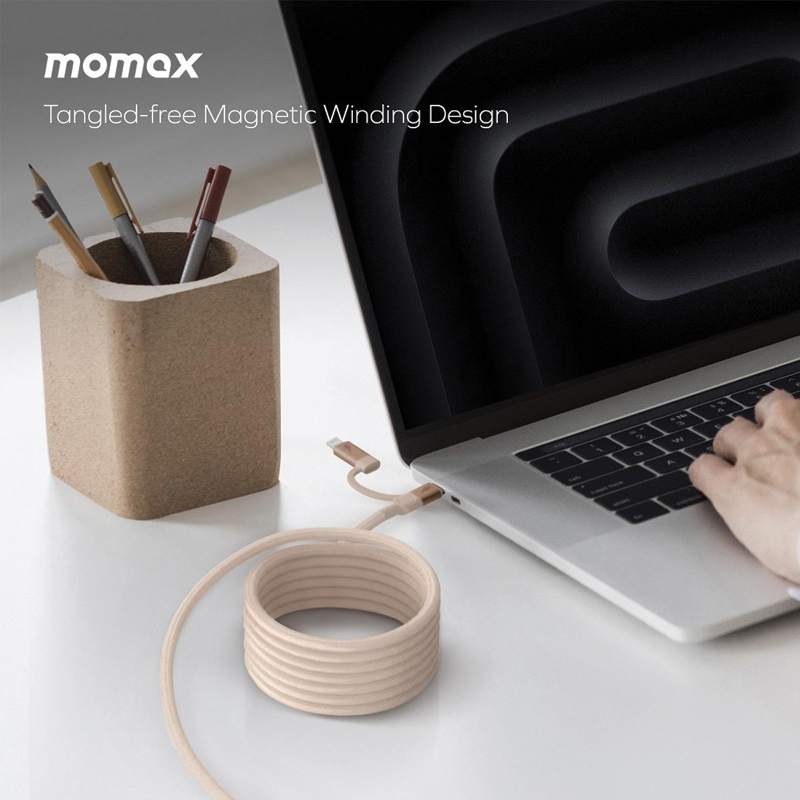 MOMAX Mag.Link Duo Magnetic USB-C to C & Lightning Cable 1M – Desert Titanium - Image 3