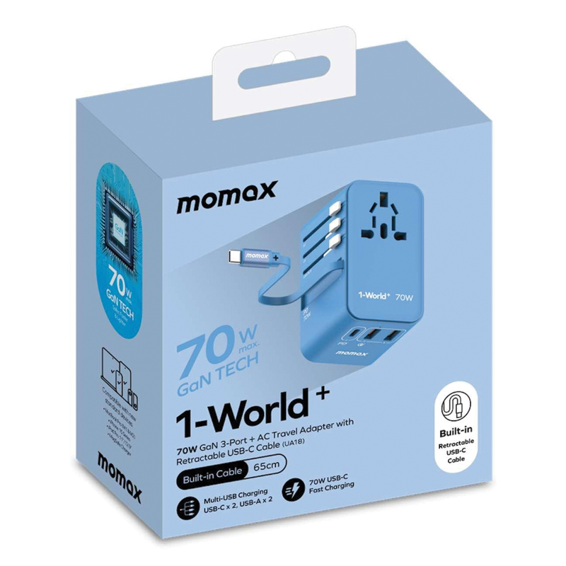 MOMAX 1-World+ 70W GaN 3-Port Travel Charger with Built-in USB-C Cable – Blue - Image 3