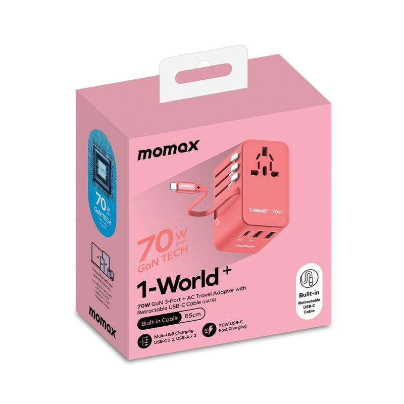 MOMAX 1-World+ 70W GaN 3-Port Travel Charger with Built-in USB-C Cable – Pink - Image 3