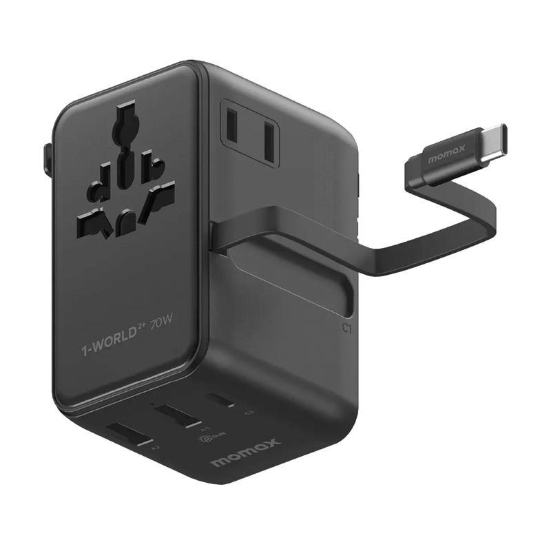 MOMAX 1-World+ 70W GaN 3-Port Travel Charger with Built-in USB-C Cable – Black - Image 3