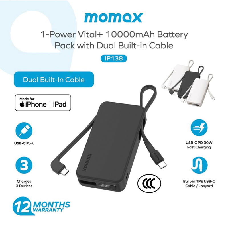 MOMAX 1-Power Vital+ 10000mAh Power Bank | Dual Built-in USB-C Cables | 30W PD Fast Charging | Digital Display | Black - Image 3