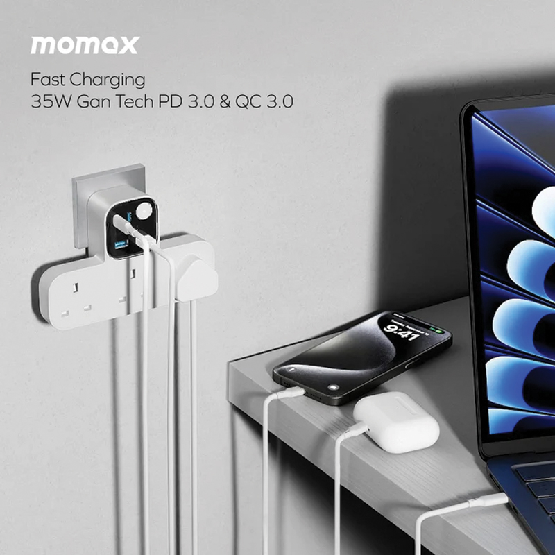 Momax 1-Charge Work Flow T-shaped Extension 3 Outlet with USB | Power switch | USB-A x2 port | USB-C x2 port | 35W - Image 3