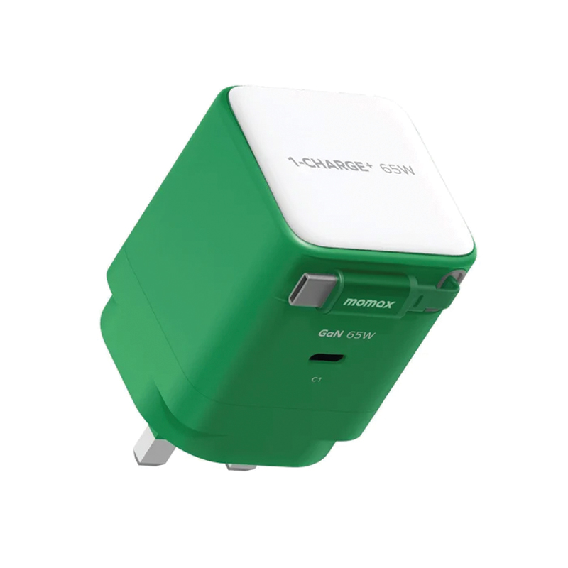 MOMAX 1-Charge+ 65W GaN Charger – Built-in Retractable USB-C Cable – UM76UKG – Green - Image 3