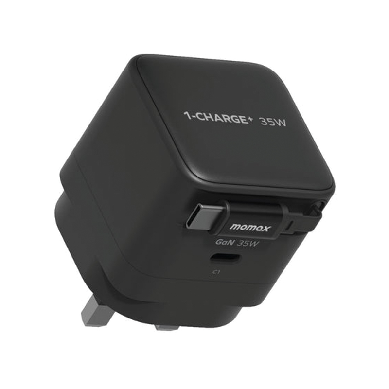 MOMAX 1-Charge+ 35W GaN Charger – Built-in Retractable USB-C Cable – UM72UKD – Black - Image 3