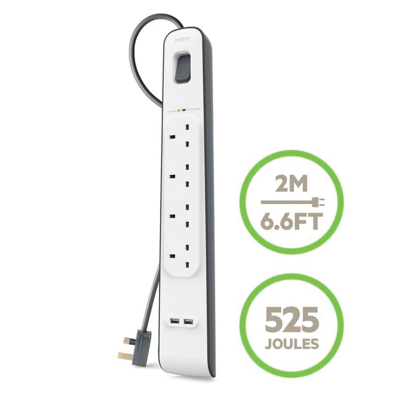 Belkin Surge Plus USB Surge Protector | 4 AC Outlets | 2 USB Ports | 12W / 2.4A | 2m Cable | 525 Joules | White - Image 3