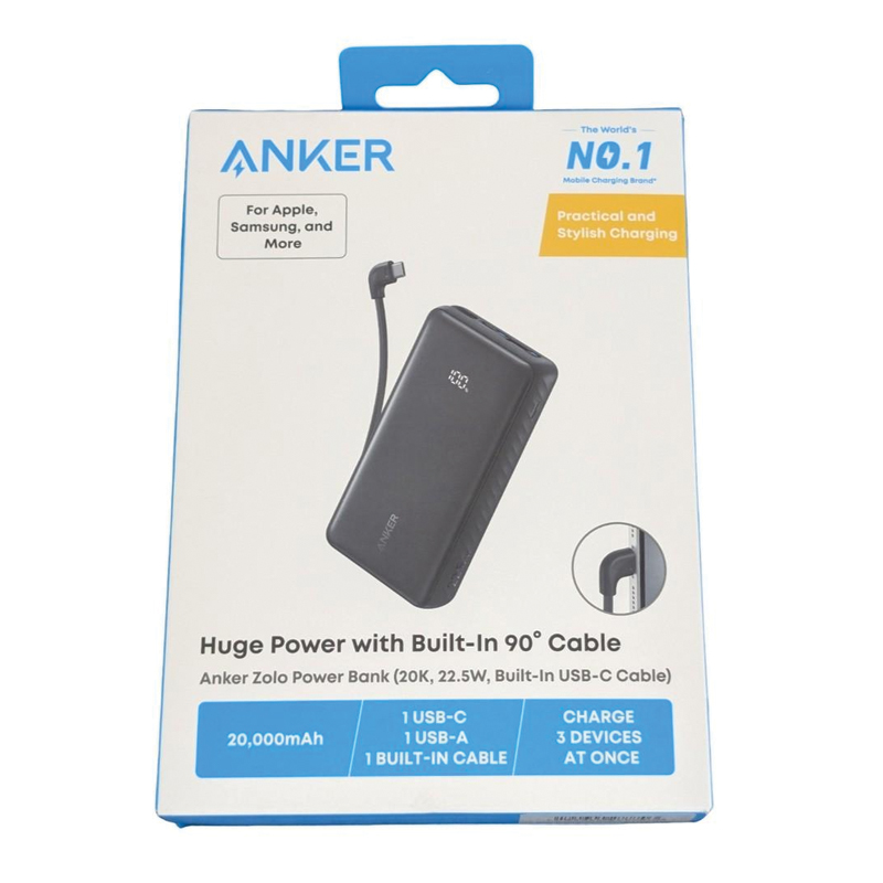 Anker Zolo Power Bank | 20,000mAh | 22.5W | Built-in USB-C Cable | USB-C + USB-A | Black - Image 3