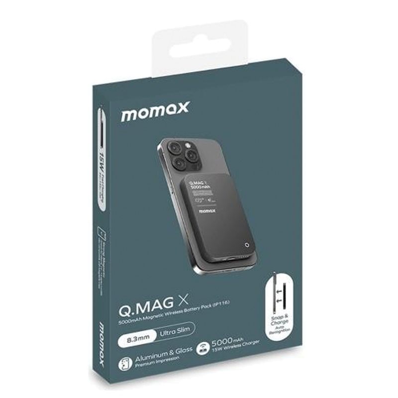 MOMAX Q.Mag X 5000mAh Gen 2 15W Ultra Slim MagSafe Wireless Power Bank – Black - Image 3