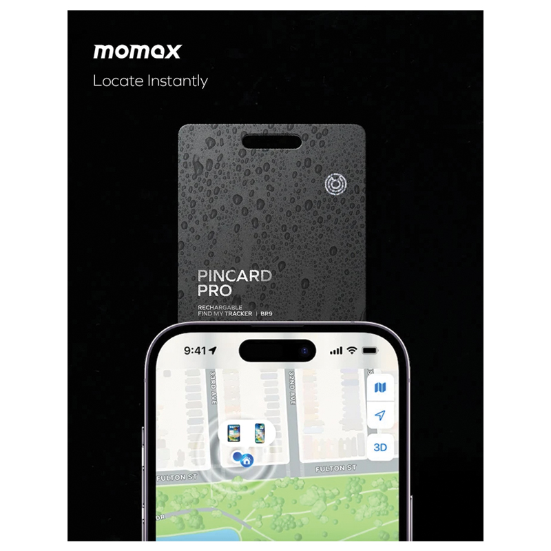 MOMAX PinCard Pro Rechargeable Find My Tracker – Apple Find My – IP68 – 100mAh – BR9D – Black - Image 3